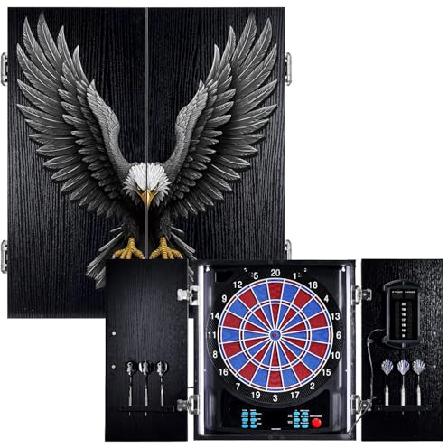 Yirinatek Electronic Dart Board, Electric Dartboard Cabinet Set for Adults [6 Soft Tip Darts] Individual Light Color for Each Player- Wooden Dartboard Cabinet for Family Game - Eagle
