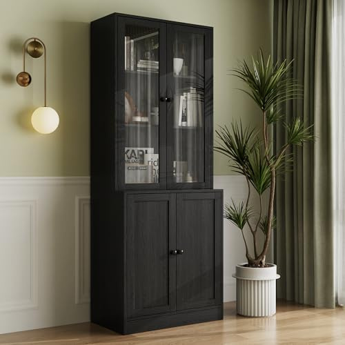 VOWNER Estantería de 5 pisos con puertas de cristal, armario de vitrina de 180 cm, armarios de cocina, armario de cocina, armario alto, armario buffet para cocina, salón, comedor, A (negro)