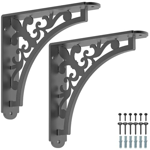 SELEWARE Black Heavy Duty Shelf Brackets, L 8 x H 8 x W 2 Wall Mount Decorative Shelving Brackets, 1/5 Thick Metal L Brackets with Mounting Hardware for DIY Floating Shelf (Classic B, 2 Pack)