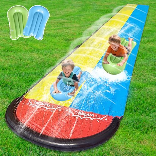 XPJBKC 240x55 in Tobogán de Agua, Tobogán Hinchable con Rociador y 2 Tablas Inflables, tobogáns acuático Doble para Césped Gigante, Juguete de Verano para Niños y Niñas