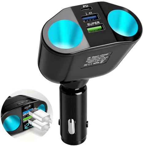 VOSSOT 5 en 1 para encendedor de coche, adaptador de cargador de coche, adaptador de 12 V/24 V con voltímetro LED Dual USB, universal, compatible con coches, SUV, camiones, tablet, teléfono móvil