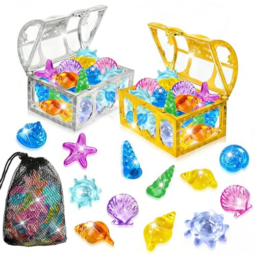 QIZHIQIAMY Bucear Coloridos Gema Juguetes, Set de Gemas Coloridos, 36 Piedras Preciosas de Buceo con 2 Cofre Tesoro Pirata y 1 Bolsa de Malla para Fiestas en Playa y Actividades Junto a Piscina (A)
