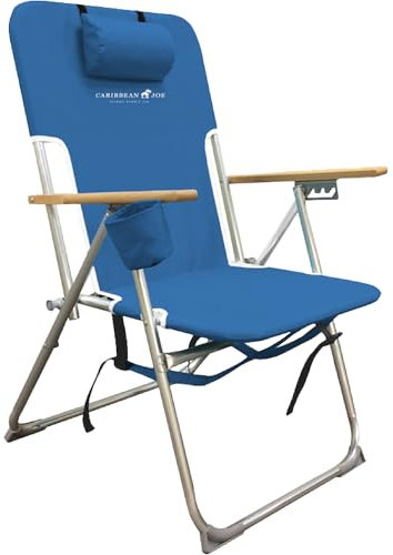 Caribbean Joe Folding Beach Chair, 4 Position Portable Backpack Foldable Camping Chair with Headrest, Cup Holder, and Wooden Armrests, Blue