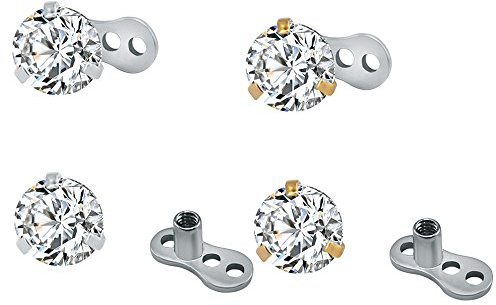 Unisex Surgical Steel Shiny Round Cubic Zirconia Dermal Anchor Tops and Base Microdermals Piercing 14g 4Pcs