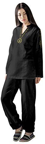 KSUA Frauen Yoga Anzug mit OM Design Baumwolle Zen Meditation Anzug Tai Chi Uniform Martial Arts Kleidung Lange Ärmel Schwarz, EU L/Etikett XL