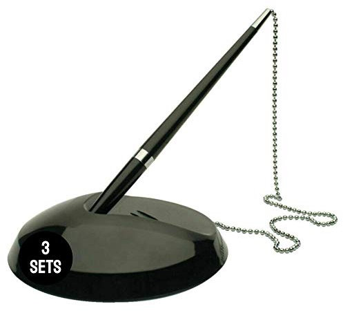 Essential Arts 3 x Empfangskugelschreiber Schreibtisch Set + 2 Ersatzminen - Schwarze Tinte Forum Kette Kugelschreiber und Basis Set mit Klebepad Für Büro, Hotel, Schule, etc.