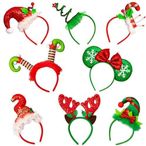 Whaline Christmas Headbands 8Pcs Xmas Tree Reindeer Headwear Antler Mickey Elf Head Hat Toppers Flexible Red Green Holiday hair Hoops for Christmas Holiday Party Photo Booth Favors Adults