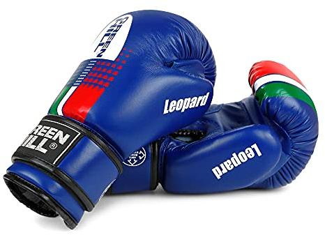 GUANTI BOXE BAMBINO GREEN HILL PANTHER LEOPARD GUANTONI PUGILATO ANTISHOCK BOXING BIMBO JUNIOR (Blu, 6 oz, Leopard)