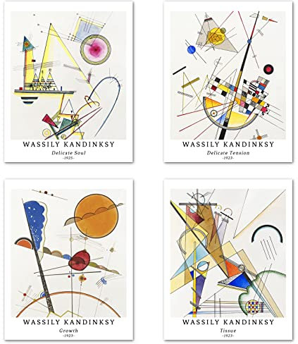 Berkin Arts Stampe da Parete Astratto Geometrico Senza Cornice, Set di 4 Poster, Carta artistici di alta qualità Taglia: 28x35 cm, Impermeabile Dipinti per Bagno Wassily Kandinsky Paintings
