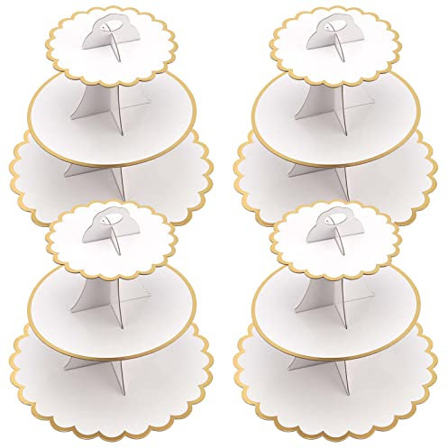 PINGEUI Lot de 4 présentoirs à cupcakes ronds en carton à 3 étages, présentoirs à gâteau, pour anniversaire, fête, mariage, Noël, anniversaire de mariage