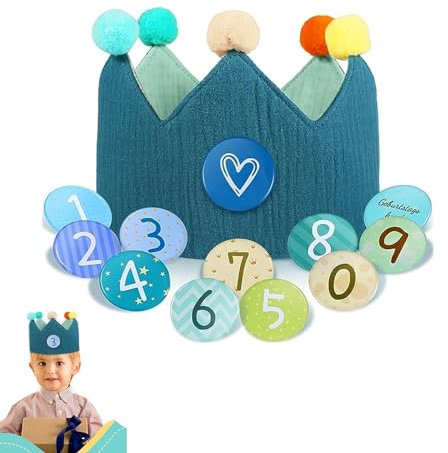 FiveMileBro Geburtstagskrone Kinder, geburtstagskrone musselin mit Zahlen, Lern kronegeburtstag Jungen mädchen, Party deko Hut | Krone aus Button Zahlen von 0-9