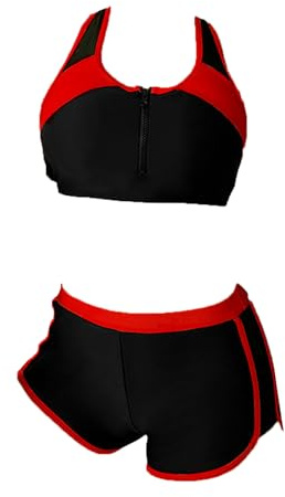 YOOJIA Dam tvådelad bikini baddräkt surfing dragkedja linne simbh push up bh med strandshorts semester, svart röd , M