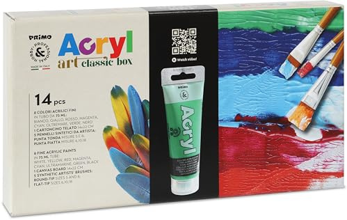 PRIMO Hobby & Professional - Colori Acrilici per Dipingere Professionali, 8 Tubi Colore Acrilico Fine 75ml, Set Acrilici per Dipingere Tela Tessuti e Altro + 5 Pennelli per Dipingere Lavoretti e Hobby
