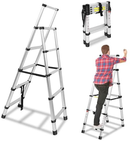 NAIZY Escalera telescópica de 1,4 m + 1,7 m, escalera extensible de aluminio, antideslizante, marco A, 5 + 6 peldaños, escalera multifunción de aluminio, hasta 150 kg de carga