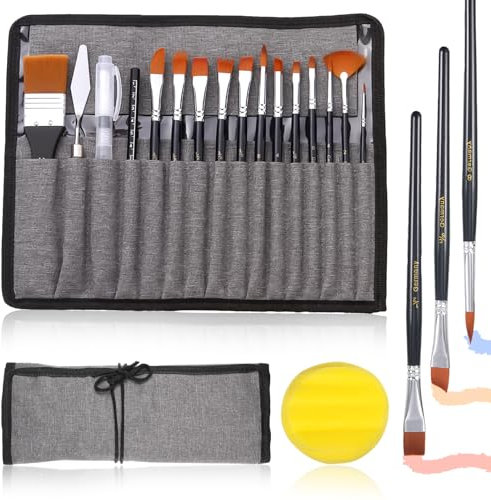 18 Stück Pinselset Acrylfarben, Pinselset Malen, Pinselset Acrylfarben für Profis, Erwachsene und Kinder, Künstlerpinsel mit Organisationstasche für Aquarell, Öl, Inklusive Malmesser, Aquarellschwamm