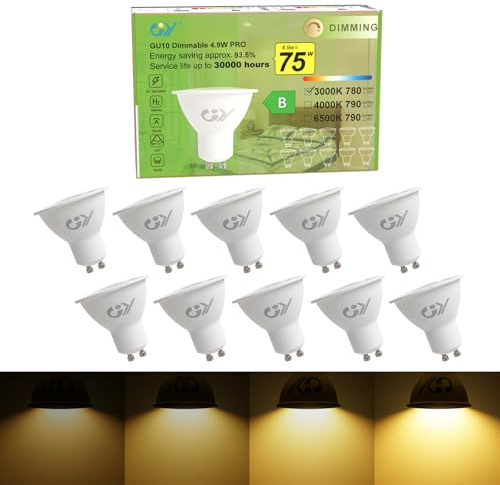 GY Bombilla LED GU10 Regulable 4.9W 780LM, 3000K Blanco Cálido, 110° Ángulo de Haz, Ahorro de Energía, Protección Ocular, Bombilla GU10 LED Dimmable, 10 Unidad (Paquete de 1)