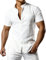 JOGAL Men's Cotton Linen Grandad Shirts Short Sleeve Casual Collarless Shirt Regular Fit Summer Beach Shirts White Large
