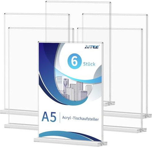 AITEE Acryl Tischaufsteller A5: 6 Stück T-Ständer Glasklar Aufsteller A5 für Prospekte Werbung Menükarte, Büro, Restaurant, Shop, Theke