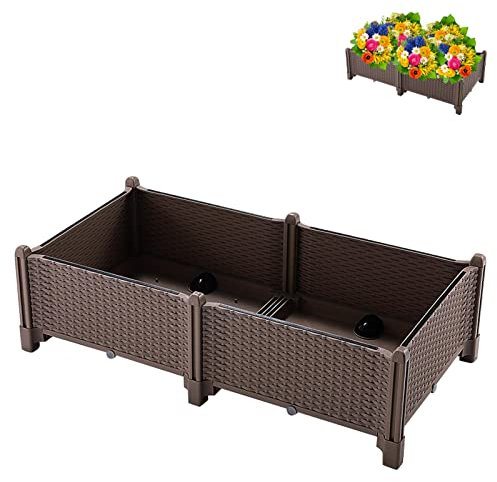 Letto da giardino rialzato, fioriera rialzata, telaio da giardino in rattan plastico con design con drenaggio autoirrigante, scatola da giardino per balcone, cortile, ristorante, 3 misure (1 pezzo)