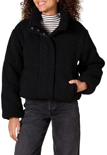 Amazon Essentials Chaqueta Acolchada y Recortada con Cremallera Completa (Acolchado Mate o Forro Polar) Mujer, Negro Osito de Peluche Sherpa, XXL