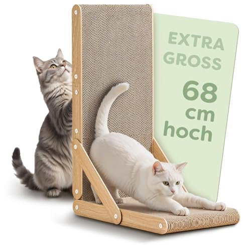 Knupis Kratzbrett Katze Groß 68 cm - Besonders Kratzfeste Kratzpappe für Katzen zur Krallenpflege - Bis zu 2 Jahre Kratzspaß - Leichte Montage - Wendbares Design L förmig - Schutz für Sofa und Wand