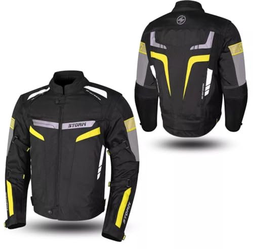 Generico Storm Giacca Moto in Tessuto 4 STAGIONI Protezioni CE Smanicabile Fodera impermeabile (IT, Testo, M, Regular, Regular, Nero Giallo Fluo)