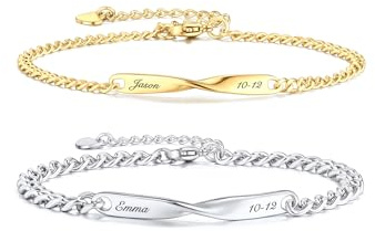 Jovivi 2PCS Bracelet Prénom Personnalisé Chaîne Mobuis Texte Gravure en Acier Inoxydable Bijoux Bracelet Couple Amoureux Cadeau Anniversaire Amitié (Or+Argent)