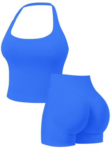 Womens Workout Sets Gym Outfits 2 Pieces Seamless Longline Halter Backless Crop Top Scrunch Bums Shorts Yoga Tracksuit