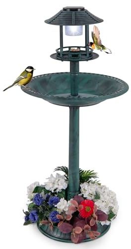 GOPLUS Mangeoire Oiseaux Exterieur sur Piédestal 3 en 1 avec Lumière Solaire, Dia. 50 CM, Abreuvoir Oiseaux Exterieur avec LED, Bain d’Oiseau et Décoration Vintage pour Terrasse, Cour (Laiton)