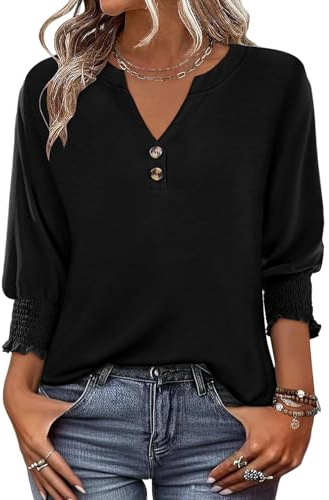 Hount Black 3 4 Sleeve Tops for Women V Neck 2026 Spring Tops Three Quarter Sleeve Polyester Blouses Button Shirts Casual Plus Size Henley Tops 2XL