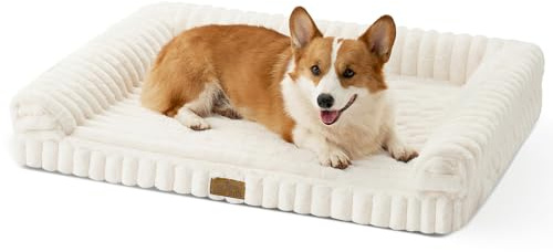 COZY KISS Orthopädisches Hundebett für Große Hunde 90x68x15cm – Hundesofa mit Weichem Kunstfell & Cordbezug, Eierförmiger Kistenschaum, Ergonomischer Hundekorb, Abnehmbar & Waschbar, Creme