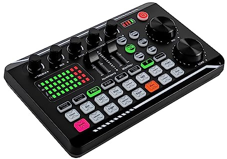 F998 - Mezclador de audio profesional con interfaz de audio Bluetooth, tarjeta de sonido DJ, mezclador con múltiples efectos de sonido y luz LED para streaming en vivo, PC, juegos, 19 x 11,8 cm