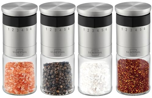 SILBERTHAL Pfeffer- & Salzmühle 4er Set – Mit außenliegendem Einstellring - 6-Stufen-Mahlwerk, langlebigem Keramikmahlwerk, Aromadeckel und spülmaschinenfestem Glas
