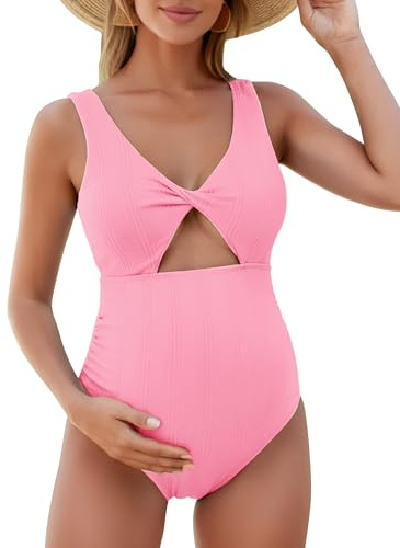 FEOYA Traje de baño de maternidad de una pieza para embarazo, traje de baño para mujer, cuello en V, nudo de corbata, cómodo bikini elástico para playa, tomar el sol, S-XL