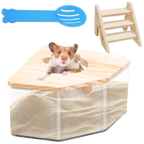 GAOUTO hamster badrum, transparent sandbad för hamstrar, sandbadrum för hamstrar med stege och spade, hamster stege, sandbad hamster för hamstrar eller små husdjur