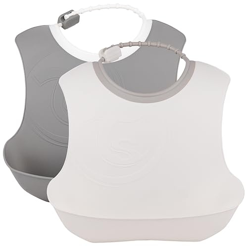 Twistshake Babylätzchen – 2er-Pack | Baby-Lätzchen mit verstellbarem Nackenband und großer Lebensmitteltasche | Wasserdicht – BPA-frei | Grauweiß