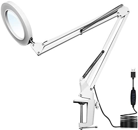 LED Magnifying Lamp, Adjustable 10X Magnifier Desk Lamp with 3 Colors 4.13 Diameter Glass USB Magnifying Lamp with Adjustable Swivel Arm (White)
