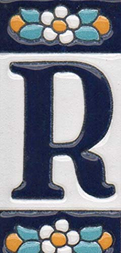Carrelage de maison en céramique avec chiffres et lettres, motif floral bleu, taille de la dalle : 7,5 cm x 3,5 cm (lettre R)