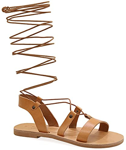 Emmanuela Sandalias de cuero estilo griego antiguo hasta la rodilla, hechas a mano con puntera abierta, sandalias de gladiador planas, zapatos de verano de calidad con tiras para mujer,Beige, 39 EU