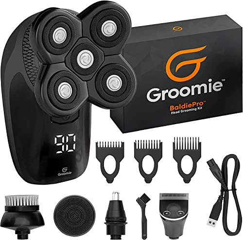 GROOMIE BaldiePro Rasoio da Testa Elettrico per Uomini & Donne Calvi - Rasoio Testa 10.000 RPM con Testine Rotanti, Impermeabile IPX7 Rasatura Wet&Dry Testa Calva, Trimmer Naso Orecchie Ricaricabile