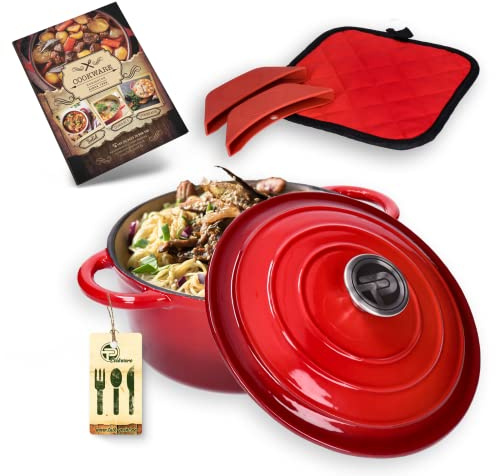 Kastrull, gryta gryta av emaljerat gjutjärn med lock 3,5 l, Ø 24 cm knopp i rostfritt stål, lämplig för alla typer av spisar inklusive induktion, ugnssäker upp till 260 °C inkl. grytlappar och