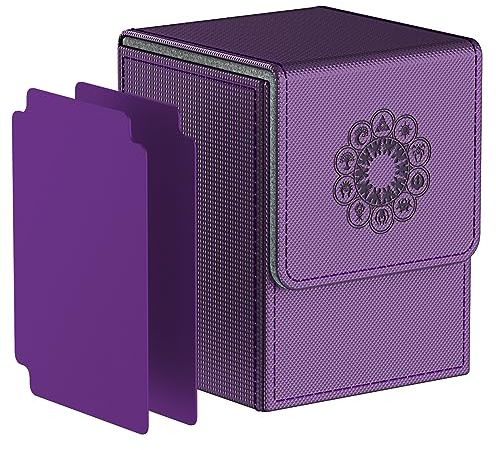 Pulchra Scatola Box Porta Carte Capacità fino a 100+ carte, con 2 Piastra di Partizione, Magnetic Flip Deck Box (Elemental Design, Viola)