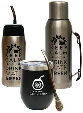 Gaucho Cebar Yerba mate-teset kompletta tillbehör | termoskanna 1 l silver och yerbomos 680 ml svart, rostfritt stål Mate tekopp termolid kopp 350 ml | stål sugrör Bombilla 19 cm