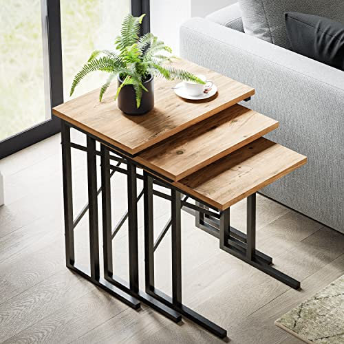 furniChic 3er Set Beistelltisch Couchtisch Stapelbar Sofatisch Satztisch Kaffeetisch Laptoptisch Wohnzimmertisch Industrie-Design Atlantische Kiefer