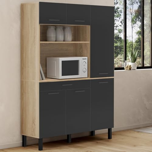 IDMarket - Buffet de Cuisine avec Colonne de Rangement 120 CM CINA 6 Portes + tiroir façon hêtre et Noir