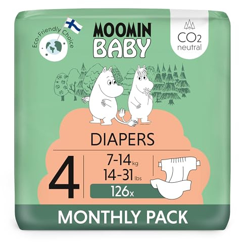 Moomin Baby Eco Nappies Size 4 Monthly Pack, 7-14 kg, 126 Sensitive Premium Diapers with Leakage Barrier | Soft and Skin Friendly, No Unnecessary Chemicals |