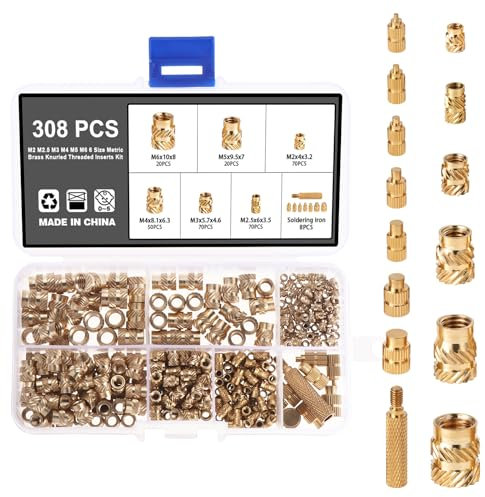 Knpwer 308 Pcs Kit d'insert Fileté et de Fer à Souder, Écrou Moleté Inserts Filetés,Pointes à Insérer dans le Jeu de Chaleur,Pointes Filets Rapportés,Pointes à Souder en Laiton pour écrous à Fondre
