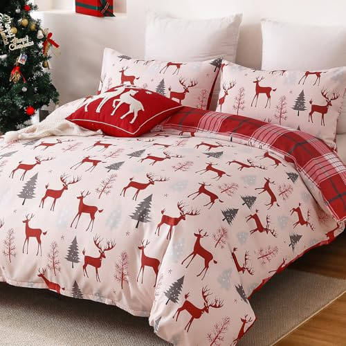 Set Copripiumino Natalizio King con Motivo Albero di Natale e Cervi Stampato Set Biancheria da Letto Reversibile per Tutte le Stagioni Set Trapunta Scozzese Rosso 220×230 cm