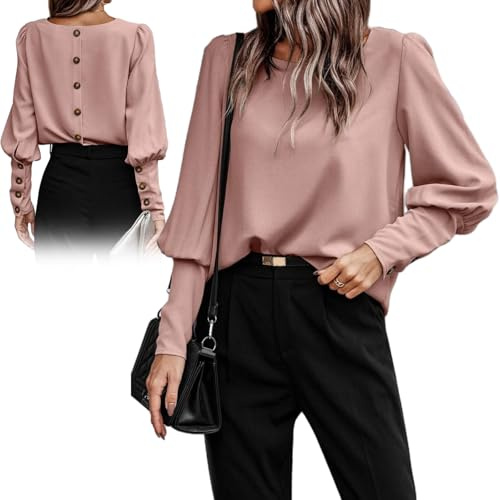 Dekorativ långärmad knapp blus med rund hals, veckad långärmad rund hals blus, elegant elegant puffärm rund hals toppar