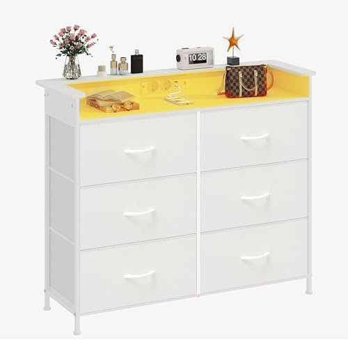 VEDECASA Cassettiera con 6 cassetti e illuminazione a LED, cassettiera con 2 porte USB e 2 prese AC, torre portaoggetti con armadio per camera da letto, soggiorno e corridoio, telaio in metallo,